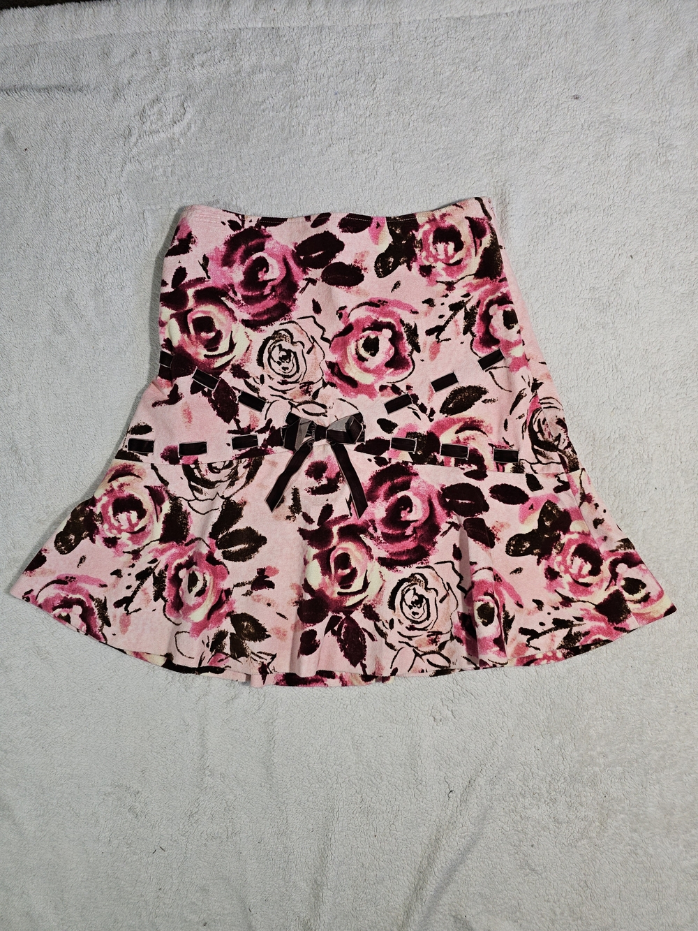 Odille Velvet Pink Floral Circle Skirt with Bow Waist